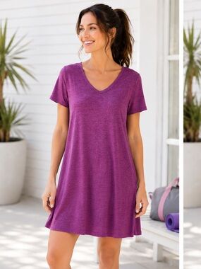 Yelete Criss Cross Back TShirt Dress Swing Athletic VNeck Purple S